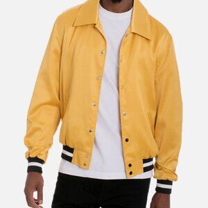 NEW WEIV Snap Button Satin Varsity Bomber Jacket Gold Black Size L